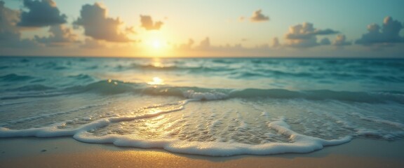Poster - Serene seascape at sunset with gentle waves washing onto a sandy shore