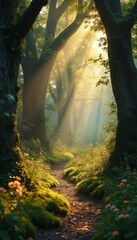 Poster - Enchanted Forest Path with Sunbeams and Flowers - Fantasy Landscape