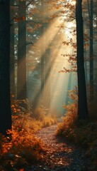 Poster - Misty forest path illuminated by golden sunlight filtering through autumn foliage