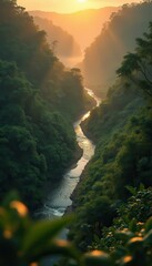 Aufkleber - Scenic river valley bathed in golden sunlight, surrounded by lush green forests and misty atmosphere