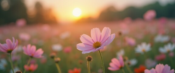Poster - Tranquil Cosmos Field at Sunset: Pink Flowers Glow in Warm Light of the Setting Sun