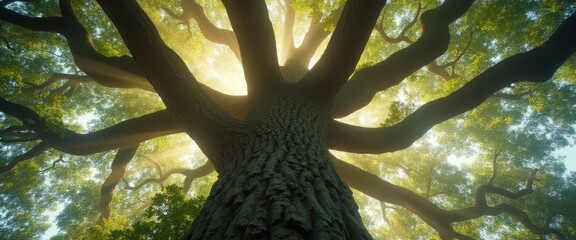 Poster - Majestic tree with expansive branches reaching for sunlight, creating a peaceful canopy in the forest