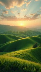 Poster - Serene Green Hills under a Golden Sunset with Sun Rays Streaming Through Clouds, creating a Beautiful Landscape