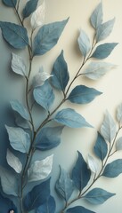 Aufkleber - Minimalist art of blue-toned leaves and branches on a light backdrop; elegant botanical design with soft color palette.