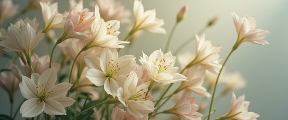 Poster - Delicate white and light pink flowers with green stems in soft natural lighting against a muted gray-blue background