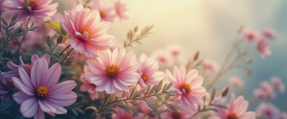 Leinwandbilder - Delicate pink cosmos flowers in soft light and pastel colors creating a dreamy, romantic, and tranquil floral arrangement