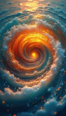 Poster - Abstract swirling vortex of blue ocean water and fiery orange light creating a dynamic and surreal visual effect.