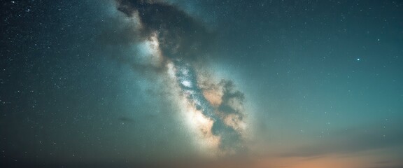 Aufkleber - Majestic night sky reveals the Milky Way's splendor, showcasing a celestial river of stars and cosmic dust against a serene, teal-