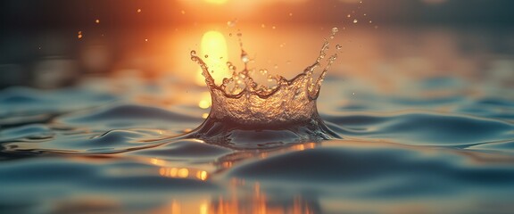 Poster - Golden water splash at sunset creates crown shape in tranquil setting with warm light and soft reflections