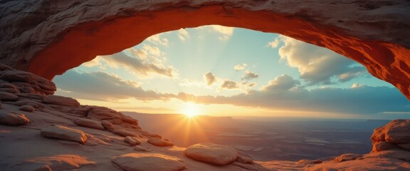 Poster - Sunrise Through Natural Rock Archway Revealing Expansive Desert Landscape, Creating a Sense of Wonder and Exploration
