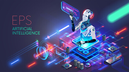 Leinwandbilder - CPU with artificial intelligence. Chatbot looks out of AI chip on motherboard, answers questions. A robot or cyborg with bubble over an AI processor. An electronic chip with artificial intelligence.