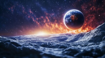 view of earth from a rocky moon surface with a nebula and stars in a dark cosmic sky scene