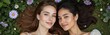 © Viktor - Two young women lie on grass among flowers. Spring beauty woman natural cosmetics concept. Fashion portrait of two girls with healthy skin smiling, looking at camera, happy. Skincare, wellness