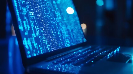 Close up of a laptop screen displaying blue digital code with a blurred dark background setting