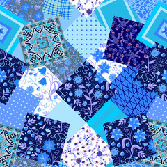 Wall Mural - Seamless patchwork pattern with floral and abstract patterns in blue tones. Chaotically located patches. Print for fabric.