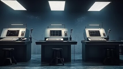 Retro tech control center animation showcases vintage computer workstations display