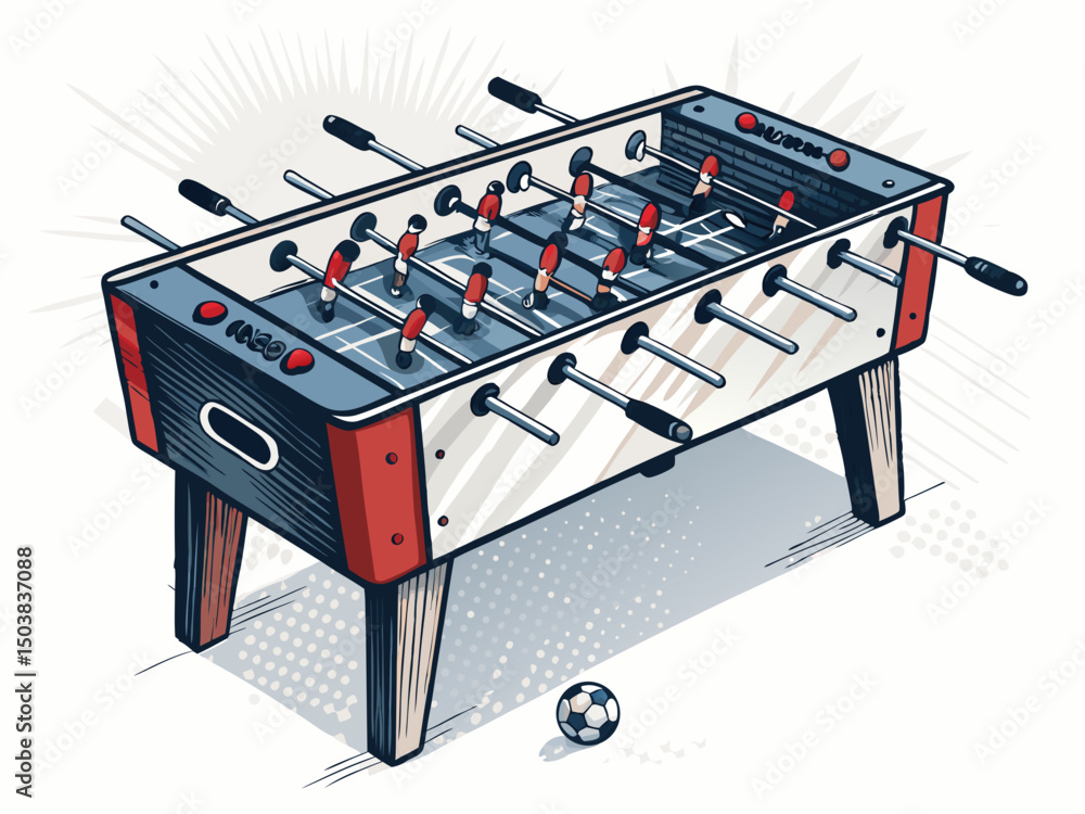Design a bold vector illustration of a foosball table, featuring thick ...