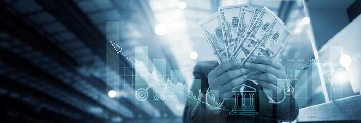 Leinwandbilder - Business finance and investment, Investor hands holding money cash with business graph growth, Finance and banking, Money economic growth, Payment, Exchange currency, Stock market and financial.