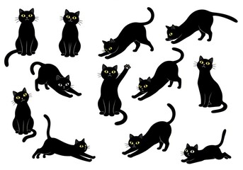  Black-and-white silhouettes of 12 black cats in playful poses.