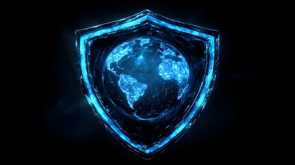 Poster - Digital Shield with Earth Graphic in Blue Light on Dark Background
