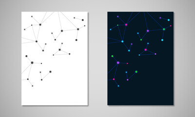 Fototapete - Vector template for brochure or cover with molecular structure background and connected lines and dots. Medicine, science and digital technology concept