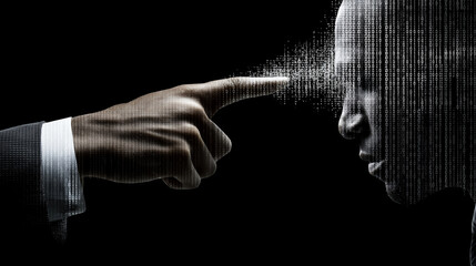  A dramatic side profile of a man pressing a touchpoint where binary code streams upward Working for the benefit of people, using copy space.