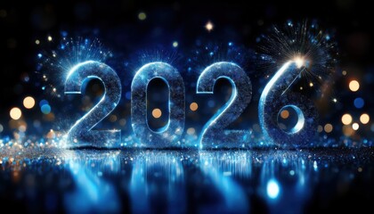 Aufkleber -  sparkling 2026 new year glitter digits with glowing stars on dark blue background for holiday web design, greeting card, poster, branding, digital banner, and festive print graphic