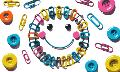 colorful modern vector illustration featuring a smiley face composed of multicolored paper clips, ea