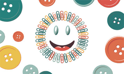 colorful modern vector illustration featuring a smiley face composed of multicolored paper clips, ea