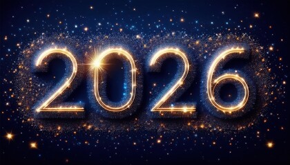 Poster -  glowing 2026 new year numbers formed by sparkling light particles on a cosmic blue background for celebration banner, website header, digital greeting card, or event branding design