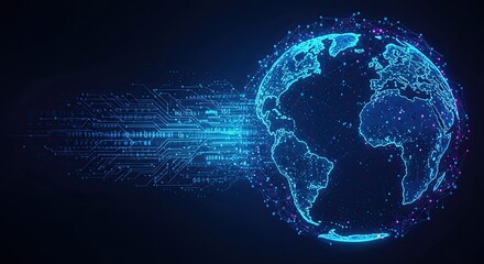 Blue earth globe with binary code, illustrating global digital data and internet communication network technology