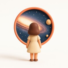 Wall Mural - Girl Gazing at a Cosmic Galaxy Through a Round Window in a Whimsical 3D Render