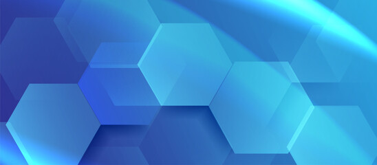 Fototapete - Blue abstract hexagonal background with layered translucent shapes