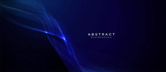 Fototapete - Dark blue abstract background with flowing light wave lines and glowing highlights