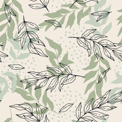 Wall Mural - Herbal leaves hand drawn seamless pattern. Botanical background. Vector tile for textile design, wrapping paper, decoration, web, social media