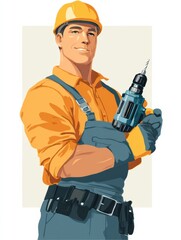 Poster - Worker Confidently Holds Drill Against a Light Background, Showcasing Skills and Readiness for Construction Tasks at Work Site
