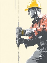 Poster - Worker Using a Drill With a Helmet on a Light Background Showcasing Construction Activity and Effort