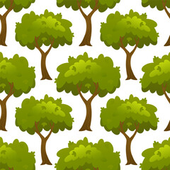 cartoon green trees with lush foliage and brown trunks arranged in seamless repeating pattern. flat 