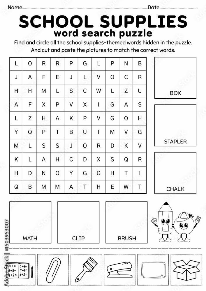 School Supplies Word Search Puzzle for Kids, Back to School Activity ...