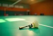 © TajamMendalam - Shuttlecock and racket lying on indoor badminton court near sideline, green court texture with empty central area, soft ambient lighting, high-resolution copyspace sports background