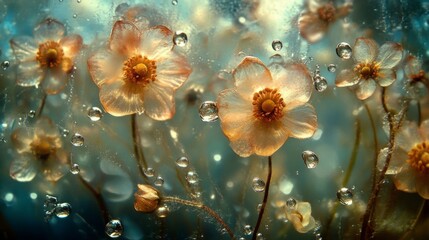 Aufkleber - A breathtaking image of wildflowers in a field after rain, glistening with droplets of water, capturing the freshness and beauty of nature in a soft-focus background.