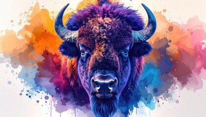 Leinwandbilder - A beautiful bison portrait with colorful watercolor paint in the background