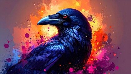 Leinwandbilder - A majestic raven stands out against a vibrant colorful splash background.