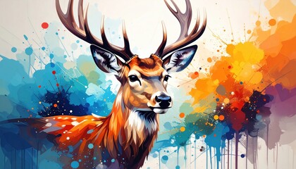 Leinwandbilder - A colorful deer illustration with abstract watercolor splashes background.