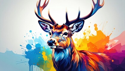Leinwandbilder - An abstract multicolored painting of a noble deer stands proudly facing forward.