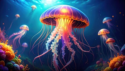 Fototapete - A vibrant jellyfish gracefully swims through the deep ocean waters below.