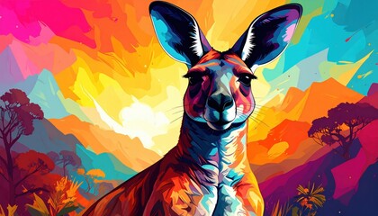 Leinwandbilder - A kangaroo stands boldly against an abstract colorful mountainous landscape