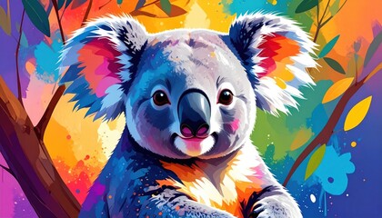 Poster - A colorful koala illustration sits on a tree branch with bright foliage.