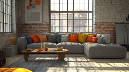 Aufkleber - A cozy living room featuring a stylish gray sofa adorned with colorful throw pillows, placed next to a modern coffee table and large windows letting in natural light.