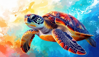 Leinwandbilder - Colorful sea turtle swims in abstract watercolor ocean with vibrant detail
